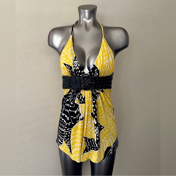 Blk & Yellow Palm Leaf Sky Halter - Picture 1 of 9